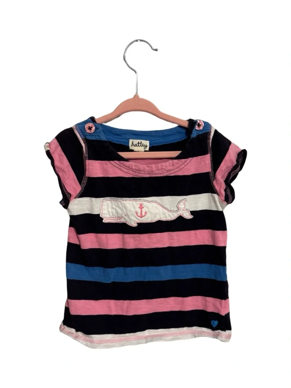 Hatley Nautical Whale Striped Shirt Girls Size 3 Navy Pink Short Sleeve